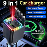 Retractable Automotive High Speed Car Charger - QC3.0&PD2.0, 120W Max, Plastic, 3 Retractable Cables, 4 Ports, 7-in-1, Smart Chip, LED Voltage Display, Universal for iPhone & Android, Road Trip Companion, Multi-Port Mobile Phone Accessory, Retractable Aut