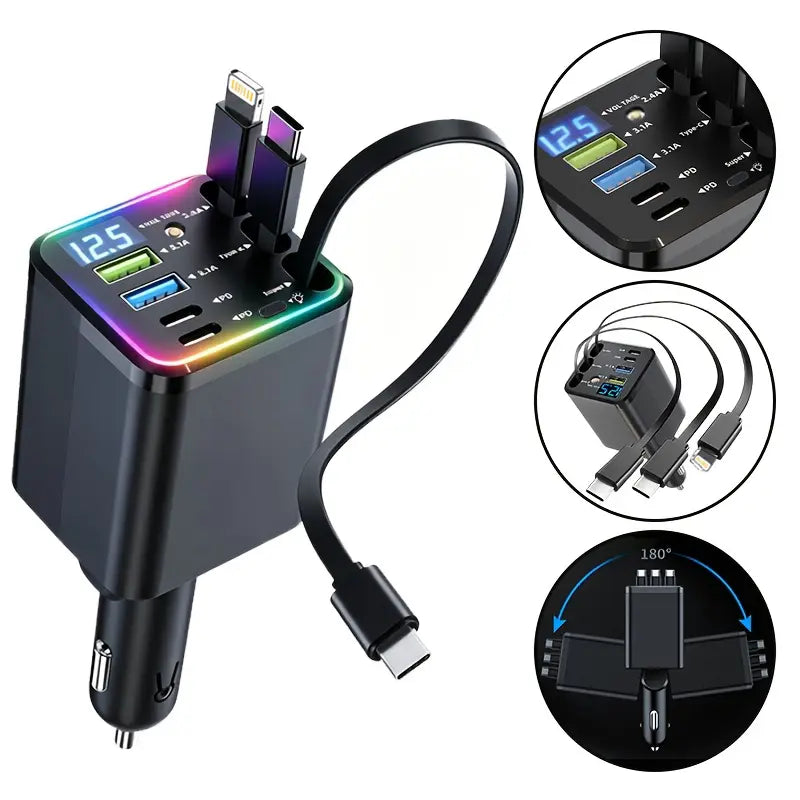 Ultimate Power Station for Phone, Pad & Laptop,Car Charger: Starry LED,1-Click Galaxy Projector,Star Projector Tangle-Free Retractable Cables & Super Fast Charge,PD20W,USB-A 65W,All 120W Max,Power Hub,