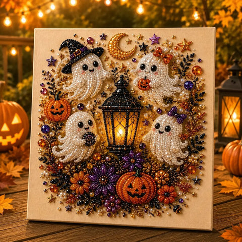 Spooky Cute Ghost 8inx8in Themed Pearl 3D Diamond Painting DIY Kit, Multipurpose Fall Season Handicraft Set, Beautiful Wall Art Furnishing Accessory for Household Indoor Decoration & Holiday Party Present