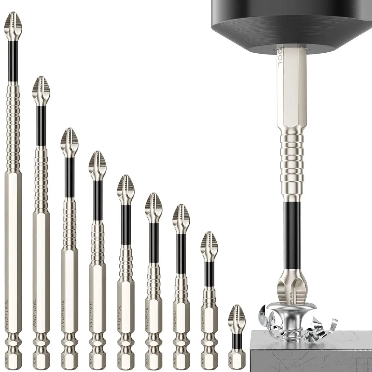 【FathersDayGift】PH2 Magnetic Screwdriver Bit Set - 9 PieceK5 Impact-Resistant S2 Steel Bits , Non-Slip Electric Screwdriver Bit 1/4" Hex, 25-150mm