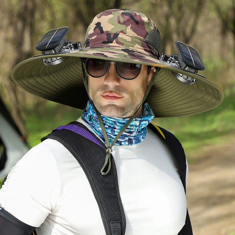 Upf 50+ Solar Cooling Fan Hat, Wide Brim Waterproof Outdoor Sun Hat with Dual Fan
