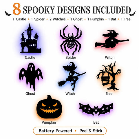 Halloween LED Silhouette Wall Light Stickers, Battery Powered Peel & Stick Decor Lights, No Drill PET Waterproof Wall Decor, Spooky Ghost Pumpkin Witch Bat Castle Spider Tree Ornaments for Home Window Door Party, 9/18/27 Pack Available