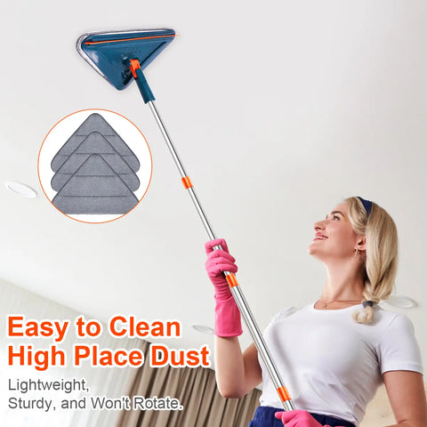 Long Handle Wall Cleaner Adjustable Length Wall Mop 360° Spinning Head Floor Wall Washing Cleaning Tool for Walls Ceiling Fans Floors Baseboards Dust Kitchen General Purpose, 6 Replacement Pads and 1 Silicone Squeegee