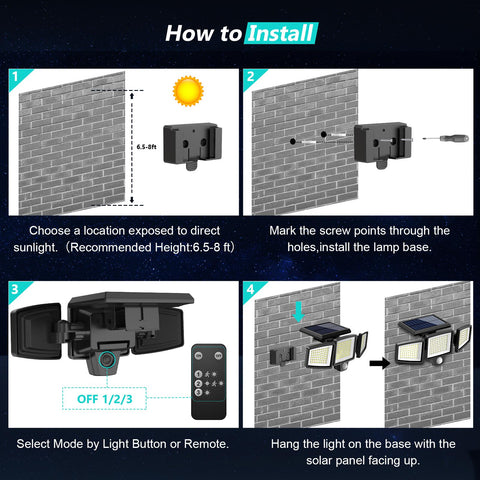 Outdoor Solar Light — 2500 Lumens, 210-LED Security Light; 3-Head Adjustable Spotlight Supporting 3 Working Modes