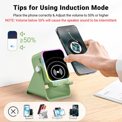 Wireless Induction Audio Speaker Stand, 5in1 Cellphone Holder, 3500mAh Rechargeable Emergency Power Bank,360° Adjustable Mobile Tablet Stand with Colorful Ambient Light Gifts for Men Women SummerWins