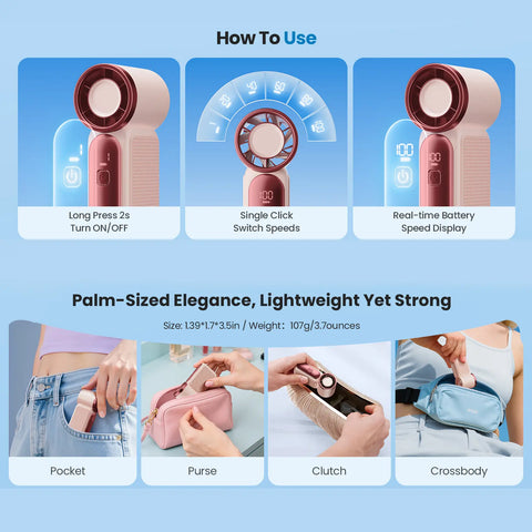 Mini Handheld Fan with LED Display – 6-Speed Turbo Pocket size Fan for Women. USB Rechargeable, High-Speed Cooling for Travel & Makeup. Perfect  Gift.  Portable Refrigeration