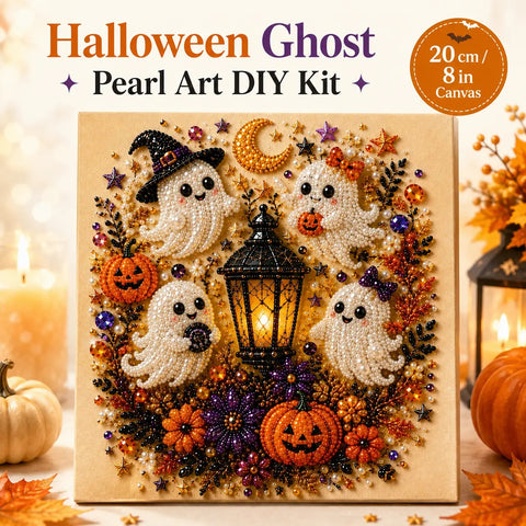 Spooky Cute Ghost 8inx8in Themed Pearl 3D Diamond Painting DIY Kit, Multipurpose Fall Season Handicraft Set, Beautiful Wall Art Furnishing Accessory for Household Indoor Decoration & Holiday Party Present