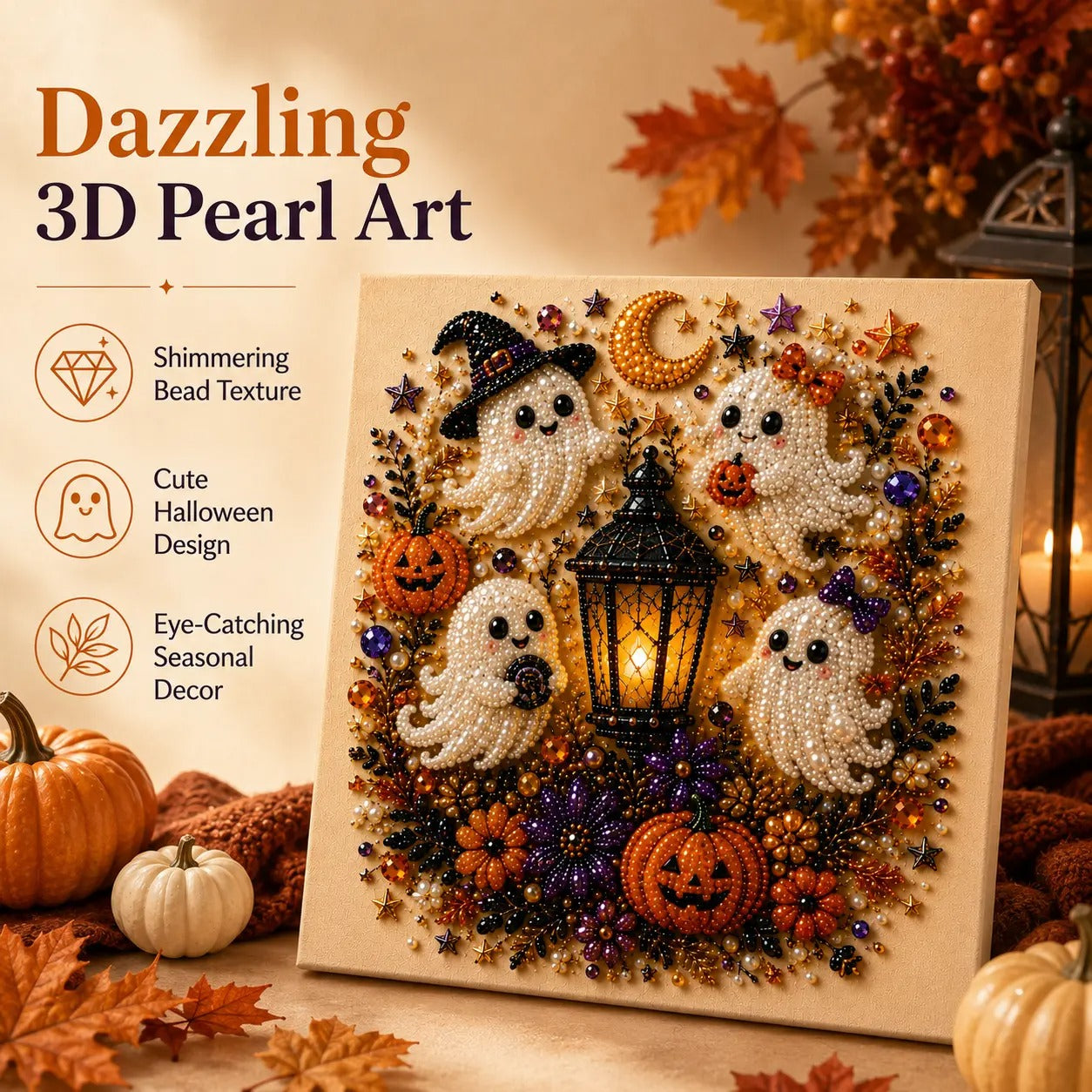 Dazzling 3D pearl art Halloween ghost design