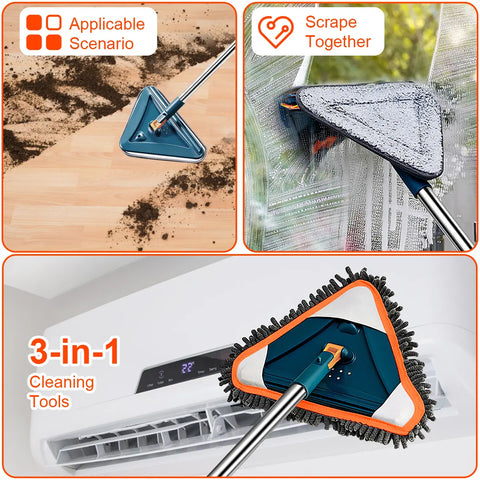 Long Handle Wall Cleaner Adjustable Length Wall Mop 360° Spinning Head Floor Wall Washing Cleaning Tool for Walls Ceiling Fans Floors Baseboards Dust Kitchen General Purpose, 6 Replacement Pads and 1 Silicone Squeegee