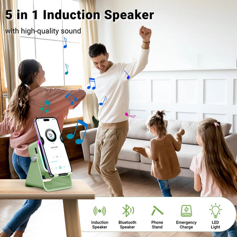 Wireless Induction Audio Speaker Stand, 5in1 Cellphone Holder, 3500mAh Rechargeable Emergency Power Bank,360° Adjustable Mobile Tablet Stand with Colorful Ambient Light Gifts for Men Women SummerWins