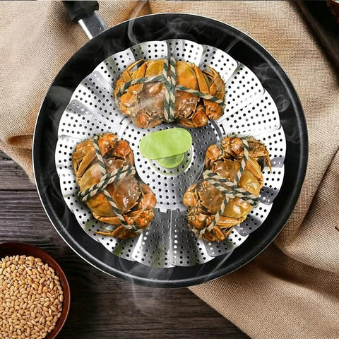 Vegetable Steamer Basket for Cooking Food, Stainless Steel Veggie Steam Basket for Pot, Folding Expandable Steaming Insert with Extendable Handle Fits Various Size Pot