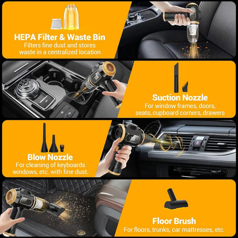 Handheld Cordless Car Vacuum Cleaner: 9000Pa powerful suction, 6-in-1 portable vacuum cleaner with a smart display, ideal for cars, homes, offices and pet care. A portable cordless cleaner. The perfect gift for your loved ones.