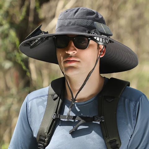 Upf 50+ Solar Cooling Fan Hat, Wide Brim Waterproof Outdoor Sun Hat with Dual Fan