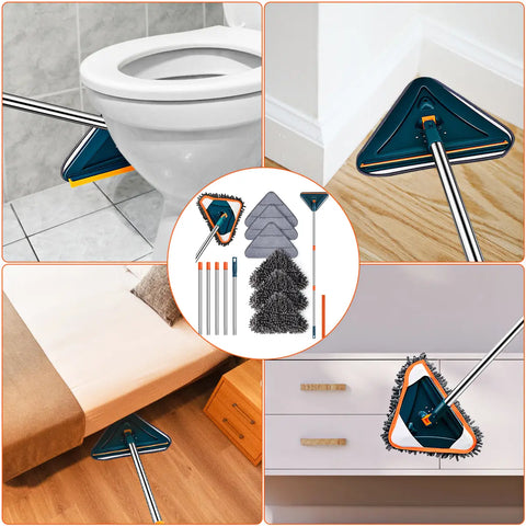 Long Handle Wall Cleaner Adjustable Length Wall Mop 360° Spinning Head Floor Wall Washing Cleaning Tool for Walls Ceiling Fans Floors Baseboards Dust Kitchen General Purpose, 6 Replacement Pads and 1 Silicone Squeegee