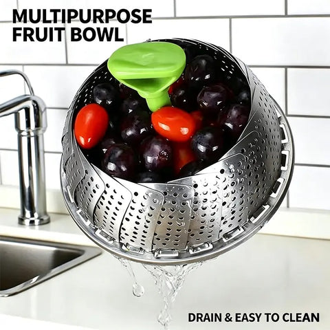 Vegetable Steamer Basket for Cooking Food, Stainless Steel Veggie Steam Basket for Pot, Folding Expandable Steaming Insert with Extendable Handle Fits Various Size Pot