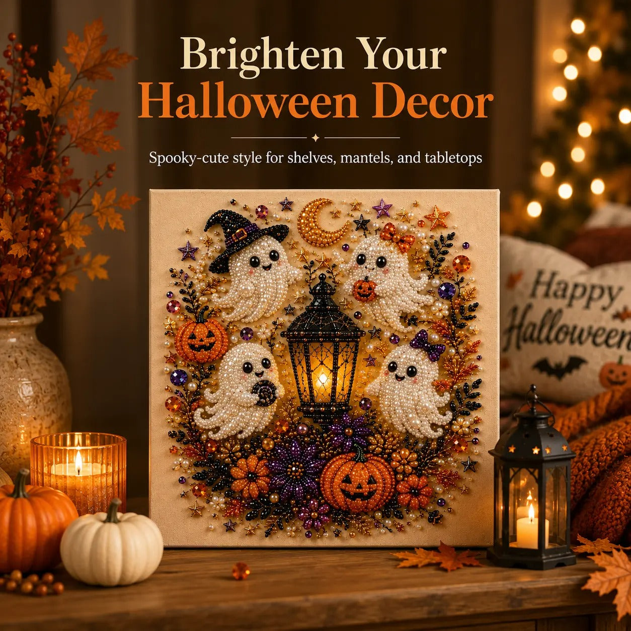 Halloween pearl artwork displayed on a shelf