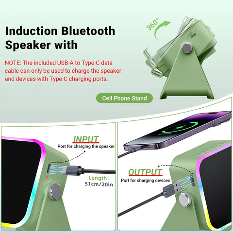 Wireless Induction Audio Speaker Stand, 5in1 Cellphone Holder, 3500mAh Rechargeable Emergency Power Bank,360° Adjustable Mobile Tablet Stand with Colorful Ambient Light Gifts for Men Women SummerWins