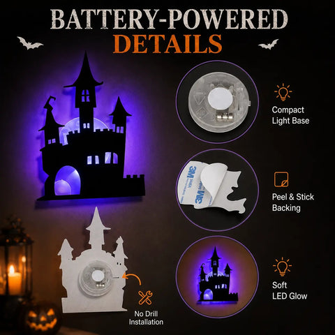 Halloween LED Silhouette Wall Light Stickers, Battery Powered Peel & Stick Decor Lights, No Drill PET Waterproof Wall Decor, Spooky Ghost Pumpkin Witch Bat Castle Spider Tree Ornaments for Home Window Door Party, 9/18/27 Pack Available