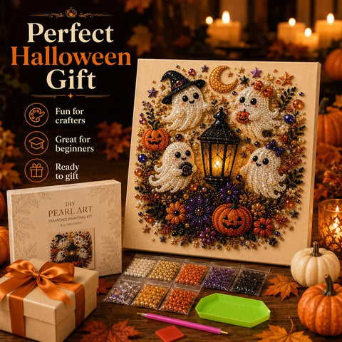 Spooky Cute Ghost 8inx8in Themed Pearl 3D Diamond Painting DIY Kit, Multipurpose Fall Season Handicraft Set, Beautiful Wall Art Furnishing Accessory for Household Indoor Decoration & Holiday Party Present