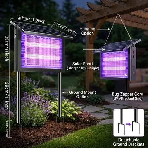 Outdoor Solar Mosquito Killer Lamp — Waterproof Mosquito & Fly Trap (Built-in 4000mAh Battery); a Solar Insect Catcher featuring Dual Modes and Three Placement Options, suitable for Courtyards, Patios, Gardens, and Camping.
