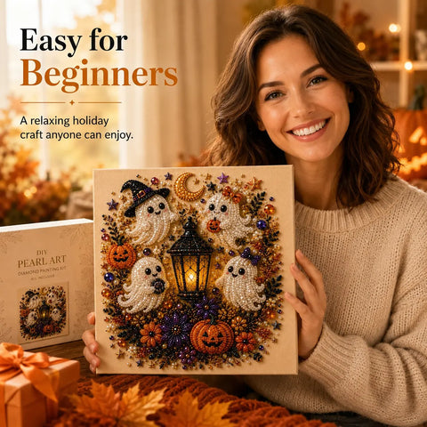 Spooky Cute Ghost 8inx8in Themed Pearl 3D Diamond Painting DIY Kit, Multipurpose Fall Season Handicraft Set, Beautiful Wall Art Furnishing Accessory for Household Indoor Decoration & Holiday Party Present
