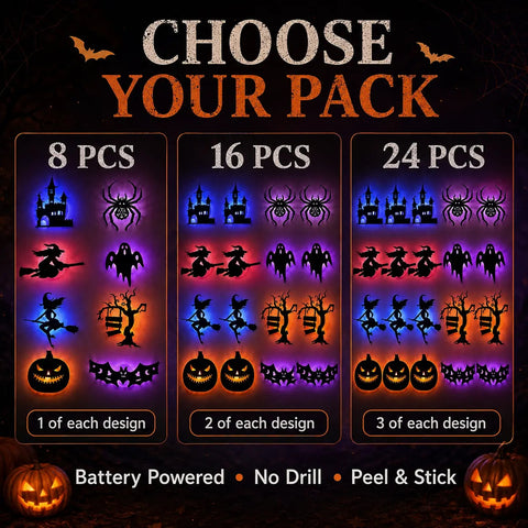 Halloween LED Silhouette Wall Light Stickers, Battery Powered Peel & Stick Decor Lights, No Drill PET Waterproof Wall Decor, Spooky Ghost Pumpkin Witch Bat Castle Spider Tree Ornaments for Home Window Door Party, 9/18/27 Pack Available