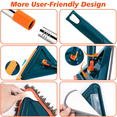 Long Handle Wall Cleaner Adjustable Length Wall Mop 360° Spinning Head Floor Wall Washing Cleaning Tool for Walls Ceiling Fans Floors Baseboards Dust Kitchen General Purpose, 6 Replacement Pads and 1 Silicone Squeegee
