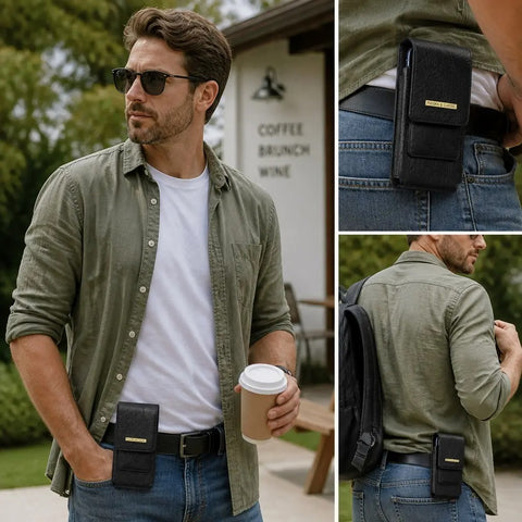 Men's Waist Phone Pouch with Card Slot, Magnetic Lock & Metal Belt Clip, Casual Daily Belt Bag for Large Smartphones, Ideal Gift for Father, Grandpa, Husband, Boyfriend, Practical Present for Blue‑Collar Workers for Job Site & Outdoor Work