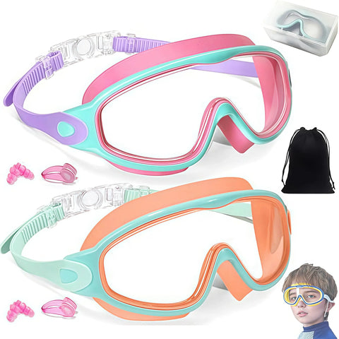 2 Pack Kids Swim Goggles for 3-15+ UV Protection Anti-Fog High Definition Waterproof Adjustable Goggles for Boys and Girls - Safety anti-uv swimming goggles swim glass anti-fog with Earplugs & Nose Clip,for Lake,Beach, Summer Party