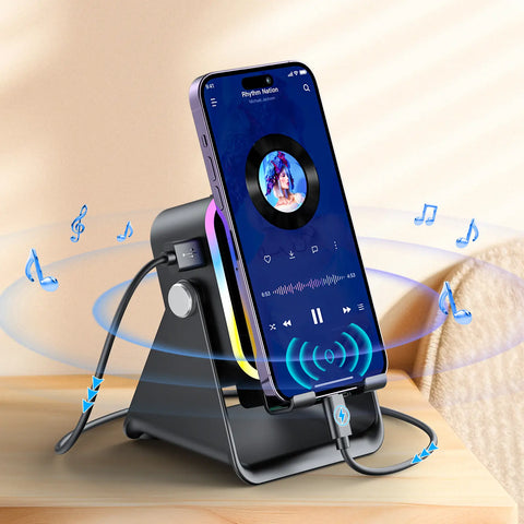 Wireless Induction Audio Speaker Stand, 5in1 Cellphone Holder, 3500mAh Rechargeable Emergency Power Bank,360° Adjustable Mobile Tablet Stand with Colorful Ambient Light Gifts for Men Women SummerWins