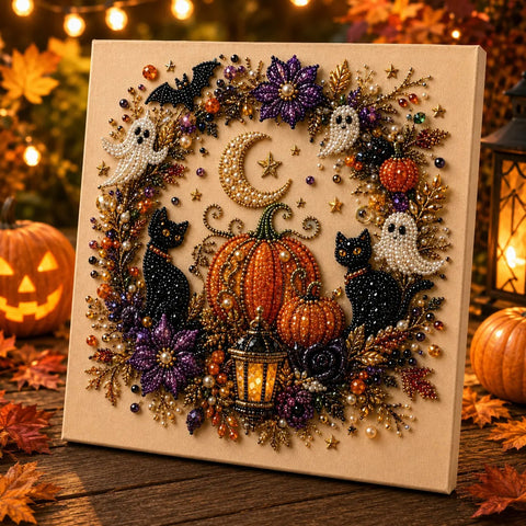 Spooky Cute Ghost 8inx8in Themed Pearl 3D Diamond Painting DIY Kit, Multipurpose Fall Season Handicraft Set, Beautiful Wall Art Furnishing Accessory for Household Indoor Decoration & Holiday Party Present