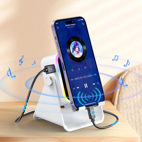 Wireless Induction Audio Speaker Stand, 5in1 Cellphone Holder, 3500mAh Rechargeable Emergency Power Bank,360° Adjustable Mobile Tablet Stand with Colorful Ambient Light Gifts for Men Women SummerWins