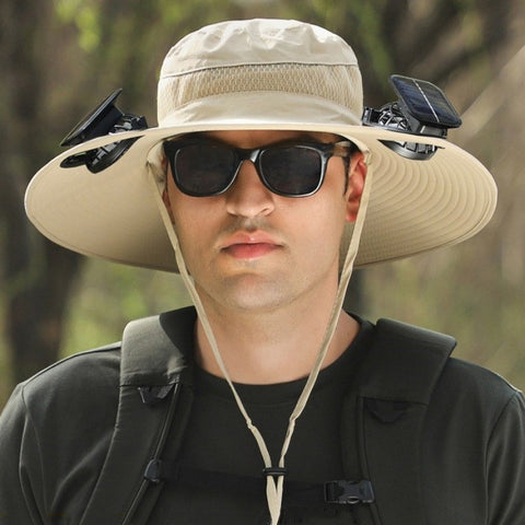 Upf 50+ Solar Cooling Fan Hat, Wide Brim Waterproof Outdoor Sun Hat with Dual Fan