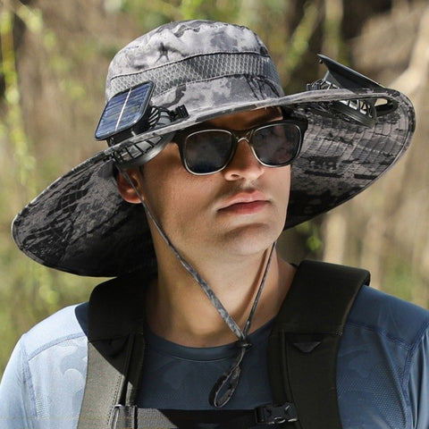 Upf 50+ Solar Cooling Fan Hat, Wide Brim Waterproof Outdoor Sun Hat with Dual Fan