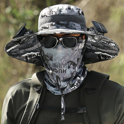 Upf 50+ Solar Cooling Fan Hat, Wide Brim Waterproof Outdoor Sun Hat with Dual Fan