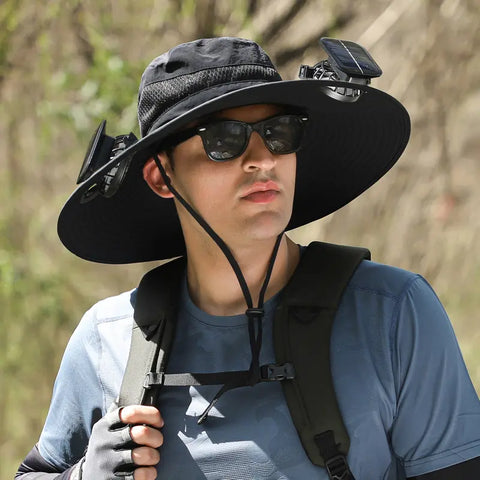 Upf 50+ Solar Cooling Fan Hat, Wide Brim Waterproof Outdoor Sun Hat with Dual Fan