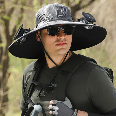 Upf 50+ Solar Cooling Fan Hat, Wide Brim Waterproof Outdoor Sun Hat with Dual Fan