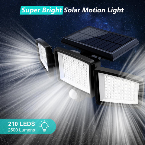Outdoor Solar Light — 2500 Lumens, 210-LED Security Light; 3-Head Adjustable Spotlight Supporting 3 Working Modes