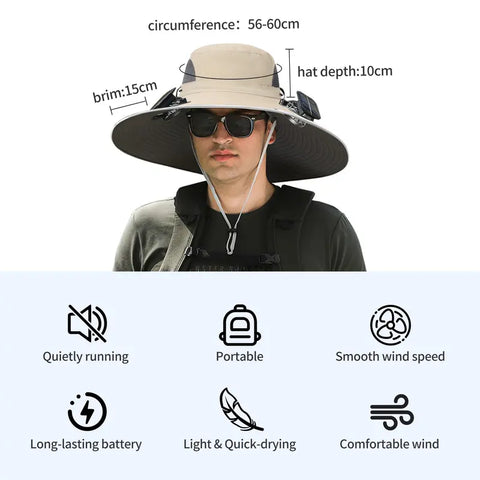 Upf 50+ Solar Cooling Fan Hat, Wide Brim Waterproof Outdoor Sun Hat with Dual Fan
